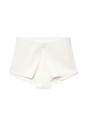Shorts intimi bianchi senza cuciture a vita alta per donna, realizzati in tessuto morbido a coste, distesi su uno sfondo bianco.