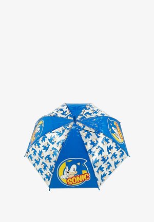 Blue umbrella featuring Sonic the Hedgehog design, with a glossy finish and alternating patterns of Sonic's face and logo on the panels.