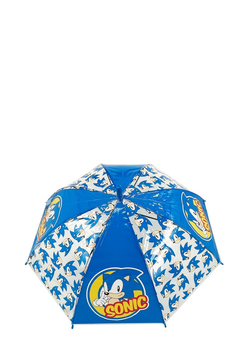 Blue umbrella featuring Sonic the Hedgehog design, with a glossy finish and alternating patterns of Sonic's face and logo on the panels.