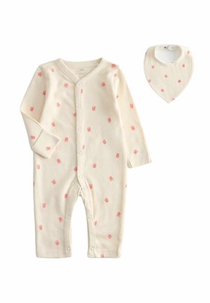 Body per neonati color crema con macchie rosa, bottoni a pressione sul davanti e sulle gambe, abbinato a bavaglino bandana coordinato con chiusura a scatto.