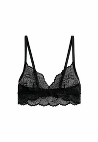 Melnas mežģīņu bralette ar ziedu rakstu, regulējamām siksnām, viļņotām malām un mīkstu apakšdaļu atbalstam. Pamanāmas sarežģītas tekstūras detaļas.