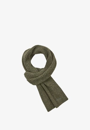 Sciarpa di lana verde oliva con una texture a coste, caratterizzata da un design ad anello. Nota per il suo materiale morbido e per un discreto etichetta del marchio all'estremità.