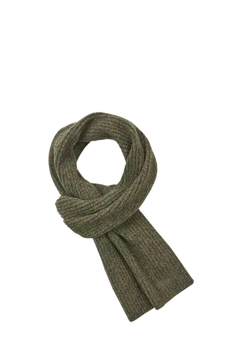 Olivengrøn uldscarf med en ribbet tekstur, der har et snoet design. Kendt for sit bløde materiale og en subtil mærkelabel i enden.
