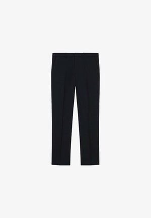 Black trousers with a straight-leg cut, made from a smooth fabric. Features two side pockets and a classic waistband design.