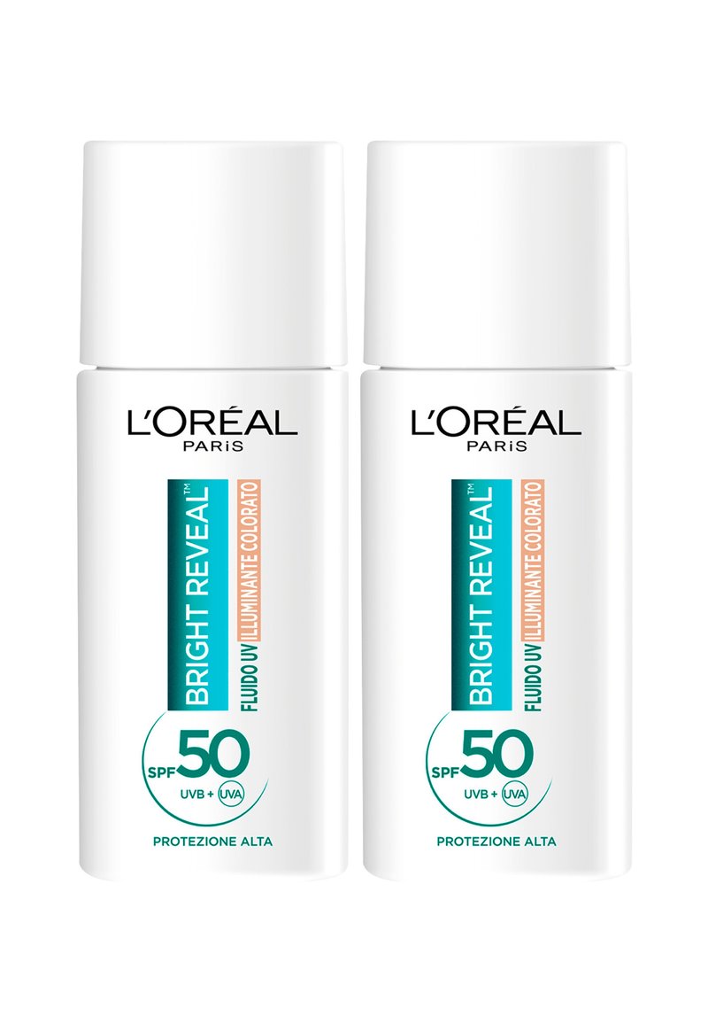 Coppia di bottiglie di sole bianche etichettate "Bright Reveal," SPF 50, con testo nero e turchese, superficie liscia e tappi arrotondati.