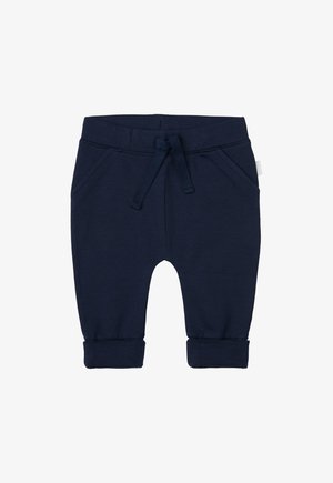 Donkerblauwe babybroek met elastische tailleband, trekkoord, zijzakken en omgeslagen manchetten.