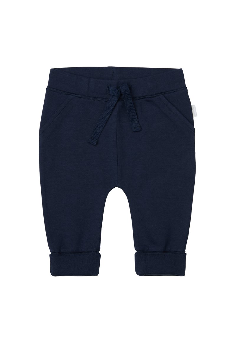 Donkerblauwe babybroek met elastische tailleband, trekkoord, zijzakken en omgeslagen manchetten.