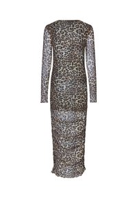 Robe imprimée léopard, à manches longues, design ajusté, texture froncée, matériau transparent, dos en V, longueur aux genoux.