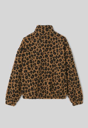 Veste en polaire à imprimé léopard avec un col montant, présentant une palette de couleurs brun et noir et un tissu doux et texturé.