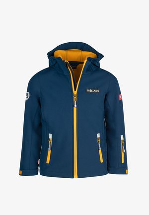 Children’s navy blue softshell jacket with yellow zipper and interior, hood, and Norway flag patch on left sleeve.