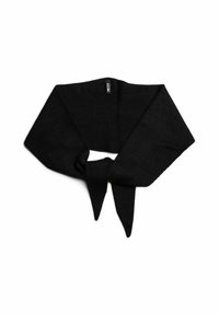 Zwarte gebreide sjaal met een breed ontwerp, voorzien van een gestrikt knoop in het midden en twee puntige uiteinden. Zachte textuur en uniforme kleur.