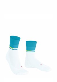 Calzini sportivi bianchi con un polsino turchese e strisce blu, gialle e bianche vicino alla parte superiore. Presentano una punta e un tallone rinforzati.