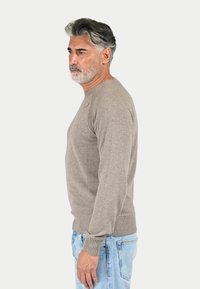 Maglione marrone in un morbido materiale a maglia, con collo rotondo, polsini e orlo a coste, indossato con jeans azzurri chiari, vista laterale.