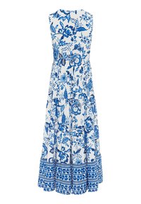 Maxi šaty z bílé látky s modrým květinovým vzorem. Bezramenný design, sukňový díl v patrech a dekorativní modrý lem na spodním okraji.