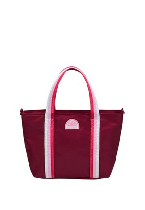 Borsa a mano color marrone con manici a righe rosa e bianche e una toppa con logo rosa al centro del pannello frontale.