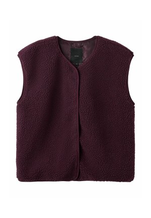 Gilet polaire sans manches violet foncé avec encolure ronde et tissu texturé doux, présenté à plat sur fond blanc.