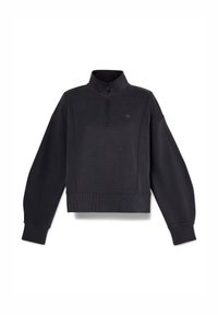 Mörkgrå hoodie med hög krage, halvdragkedja, sänkt axelparti och ribbad nederkant. Mjukt tyg med en slät textur.