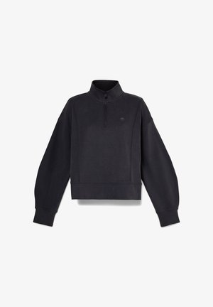 Donkergrijze pullover sweatshirt met een hoge kraag, halve rits, verlaagde schouders en geribbelde zoom. Zachte stof met een gladde textuur.