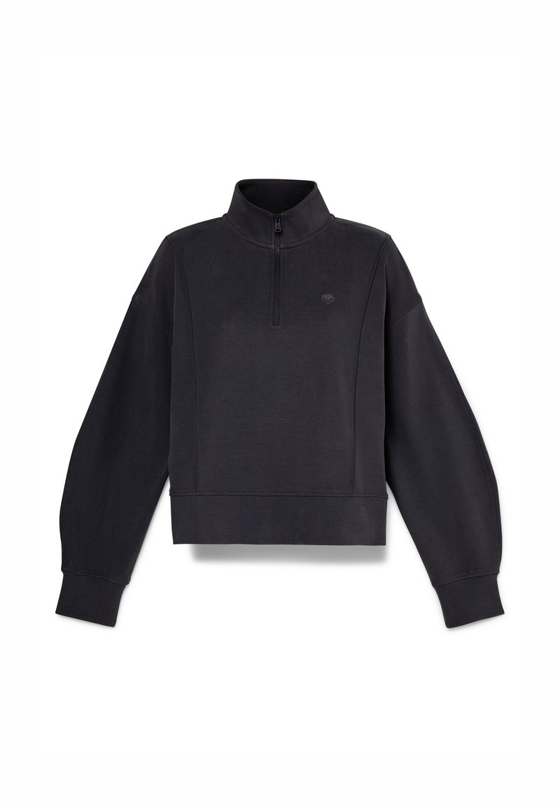 Felpa grigia scura con collo alto, mezza zip, spalle cadenti e orlo a coste. Tessuto morbido con una superficie liscia.