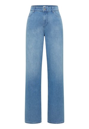Hellblaue, hoch taillierte, gerade geschnittene Jeans mit Vordertaschen, Gürtelschlaufen, Knopf- und Reißverschluss.