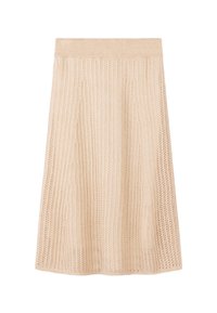 Trikåbeige kjol med ribbad struktur och elastisk midja, A-linjeformad, knäslång, med en luftig och lätt design.