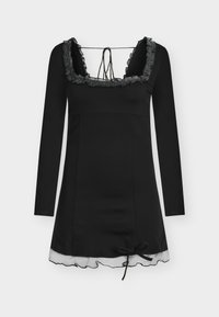 Μαύρο μακρυμάνικο φόρεμα με λαιμόκοψη με βολάν, εφαρμοστό μπούστο και διάφανο τελείωμα. Δένει στο πίσω μέρος και έχει φιογκάκι στη μέση.