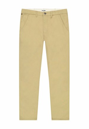 Beżowe bawełniane spodnie o prostym kroju, z zapięciem na guzik i przednimi kieszeniami. Gładka faktura z prostymi detalami przeszycia.