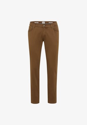 Bruine katoenbroek met een recht model, vijf zakken en een knoopsluiting aan de voorkant. Glad materiaal en klassieke metalen fournituren.