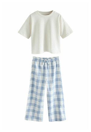 White short-sleeve cropped T-shirt paired with light blue and white plaid wide-leg pants with elastic waist and drawstring.