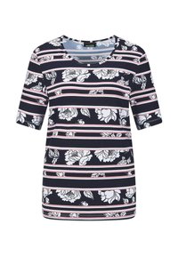 Bloemgestreepte top met korte mouwen in marineblauw, lichtroze en wit, met een ronde halslijn en een zachte, gestructureerde stof.