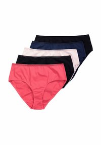 Cinque paia di slip in cotone da donna in blu scuro, nero, rosa chiaro, nero e corallo, caratterizzati da una trama liscia e cinture elastiche.