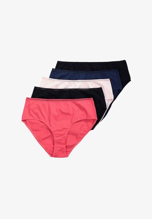 Cinco pares de braguitas de algodón para mujer en azul oscuro, negro, rosa claro, negro y coral, que cuentan con una textura suave y cinturillas elásticas.