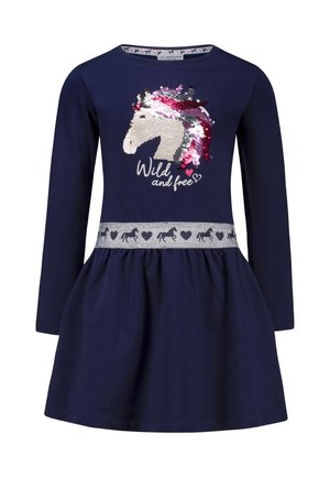 Marineblaues langärmeliges Kleid mit Pailletten-Einhornkopf, "Wild und frei" Schriftzug und silbernem Taillenband mit Pferde- und Herzmuster.