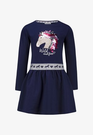 Marineblaues langärmeliges Kleid mit Pailletten-Einhornkopf, "Wild und frei" Schriftzug und silbernem Taillenband mit Pferde- und Herzmuster.