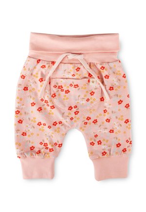 Pantaloni rosa per neonati con motivo floreale rosso, giallo e blu, vita morbida con coulisse, tasca frontale e orli con risvolto.