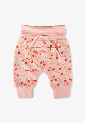 Rosa Babyhose mit rotem, gelbem und blauem Blumenmuster, weichem Bund mit Kordelzug, Vorderfach und Bündchen an den Beinabschlüssen.