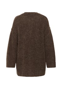 Bruine, oversized gebreide trui van zachte wol, met een ronde halslijn en verlaagde schouders, voorzien van een gestructureerd, pluizig oppervlak.