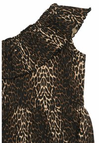 Haljina s leopardskim uzorkom u crnoj i smeđoj nijansi, s volanima oko ovratnika, bez rukava i s naboranim strukom. Mekana, teksturirana tkanina.