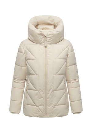 Beige pufferjack met een hoge kraag, voorzien van een ritsopening, diagonale quiltpatroon en twee zijzakken. Glad, lichtgewicht materiaal.
