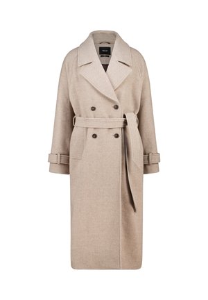 Manteau trench en mélange de laine beige avec un design croisé, des revers en pointe et une ceinture en tissu. Comprend des poignets retroussés et des poches latérales.