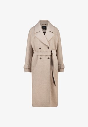 Beige wollen trenchcoat in een blend met een dubbelknopen ontwerp, puntige revers en een stoffen ceintuur. Heeft opgerolde manchetten en zijzakken.