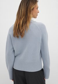 Pull en tricot bleu clair avec ourlet et poignets côtelés. Présente une coupe décontractée et une surface légèrement texturée avec un design arrondi au dos.