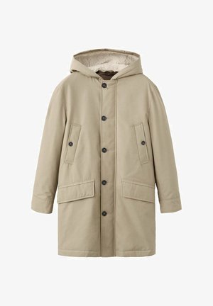 Vaaleanbeige, puolipitkä takki, jossa on huppu, fleece-vuoraus, kaksi suurta etutaskua ja napitettava sulku. Hellävarainen kangas.