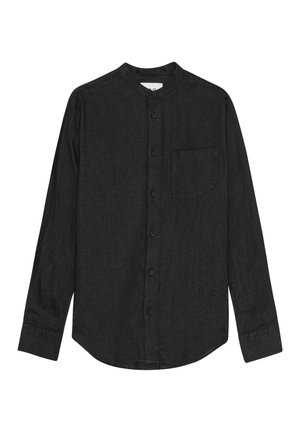 Black long-sleeve shirt made of textured fabric; features a mandarin collar, button front, single chest pocket, and curved hem.
