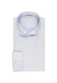 Chemise habillée à manches longues bleu clair, en coton, avec col button-down et poignets contrastés ornés de boutons blancs classiques.