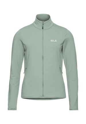 Veste polaire vert clair avec col montant, fermeture éclair intégrale et deux poches latérales. Présente un motif texturé et un logo sur la poitrine.