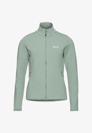 Veste polaire vert clair avec col montant, fermeture éclair intégrale et deux poches latérales. Présente un motif texturé et un logo sur la poitrine.