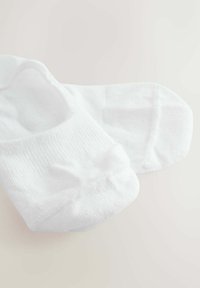 Valkoiset puuvillaiset näkymättömät sukat, joissa on ribbitekstuuria, pehmeää kangasta ja joustava pääntie. Alhainen leikkaus tekee niistä sopivat huomaamattomaan käyttöön.