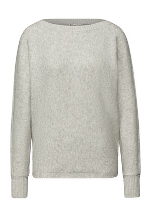 Maglione grigio chiaro realizzato in tessuto di maglia strutturata. Presenta un ampio scollo a barca e polsini a coste, con una vestibilità comoda e un design minimalista.