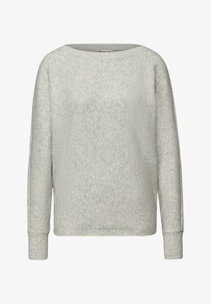 Suéter gris claro hecho de tela de punto texturizada. Presenta un amplio escote barco y puños acanalados, con un ajuste holgado y diseño minimalista.